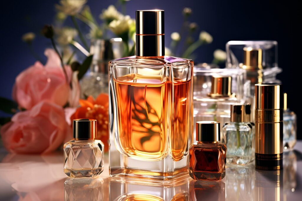 Assorted perfume bottles with decorative caps