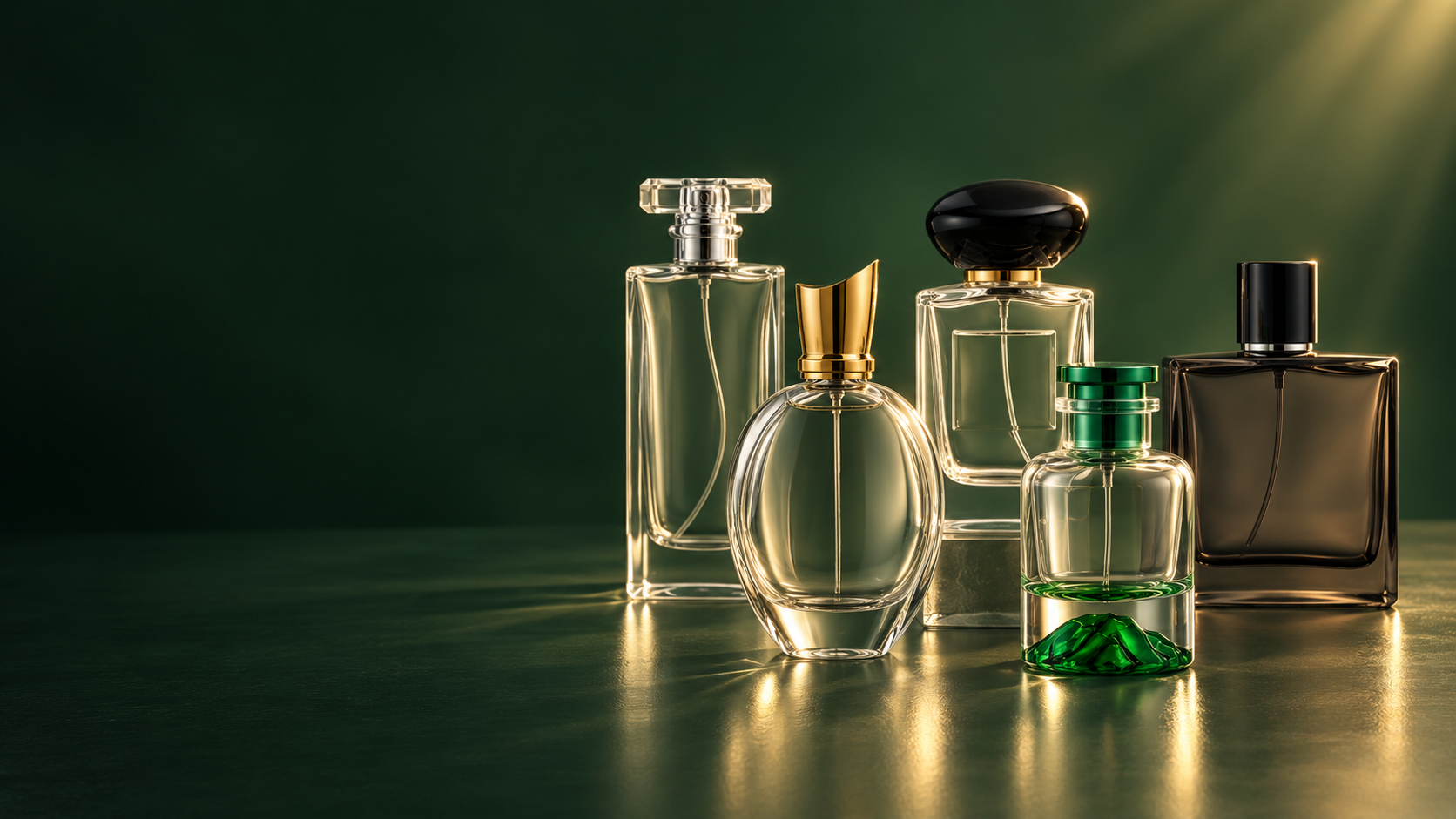 Collection of glass perfume bottles with matching decorative caps