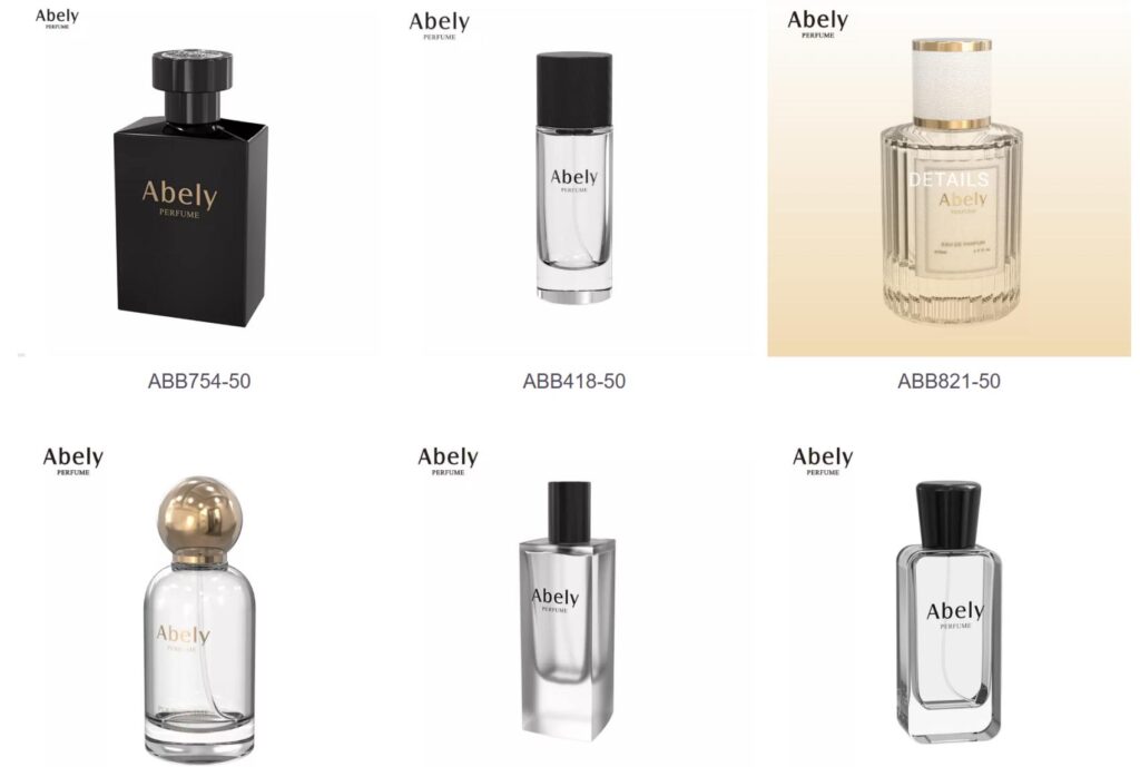 Abely branded perfume bottle designs and matching caps