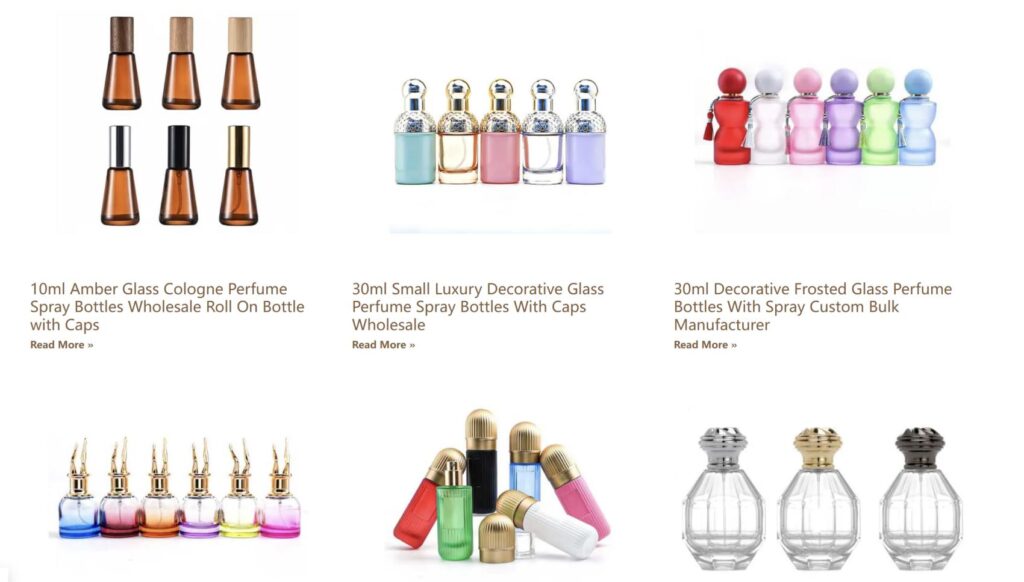 Roetell perfume bottle catalog showing several bottle shapes and finishes