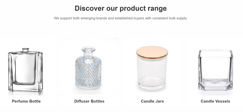 STDGLASS glass packaging range with perfume bottles, diffuser bottles and candle containers