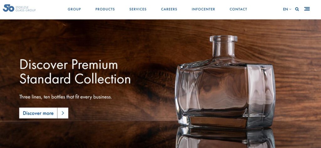 Stoelzle Glass Group website featuring its premium standard bottle collection