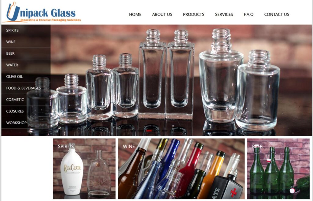 Unipack Glass website showing glass bottle product categories